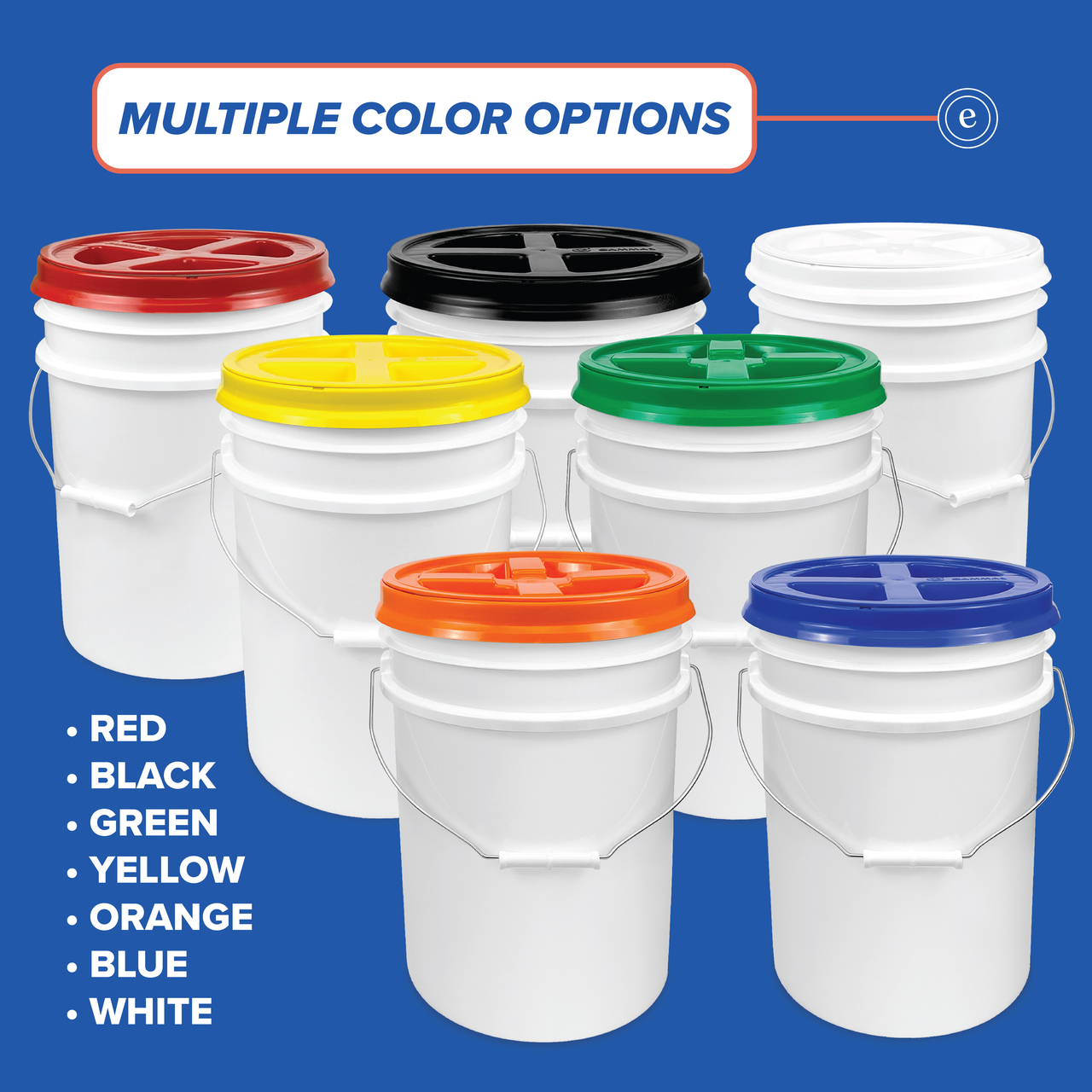Bucket Kit Five Colored 5 Gallon Buckets with Matching Gamma Seal Lids (One Each Blue Red Yellow White Black)