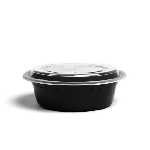 Round Black Plastic Food Takeout Containers with Clear Lids – 7in x 2in –  32oz – 150 per case