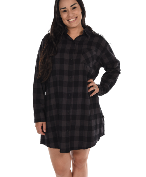  Grey Plaid Flannel Button Nightshirt 