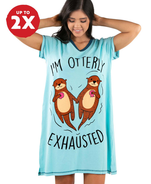 Otterly Exhausted Light Blue Women's V-Neck Nightshirt 