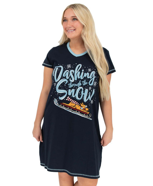  Dashing Through the Snow Women's Dog V-neck Nightshirt 