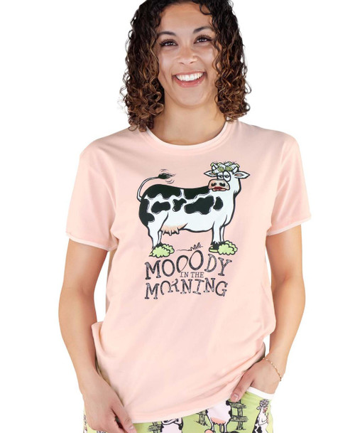  Moody In The Morning Cow Women's Regular Fit Pink Tee 