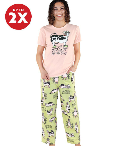  Moody In The Morning Cow Women's Regular Fit Pink PJ Set 