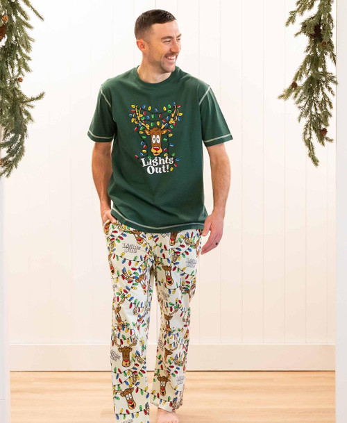  Lights Out Green Reindeer Men's PJ Set 