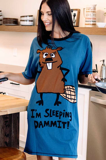 woman wearing bever themed short sleeve nightshirt