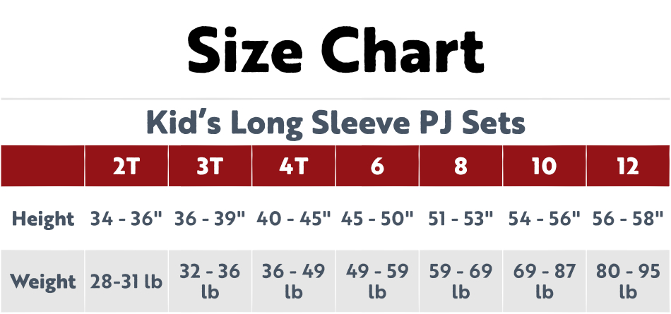 lazyone size chart for kid's long sleeve pj sets based on height and weight