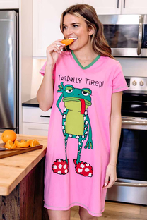 woman wearing a frog themed v neck nightshirt