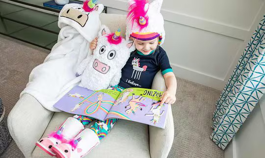 a child sitting down in a chair reading a unicorn themed book, while wearing unicorn themed pajama set, hat, boots and holding a unicorn plush