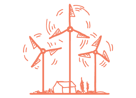 orange drawing of three wind turbines