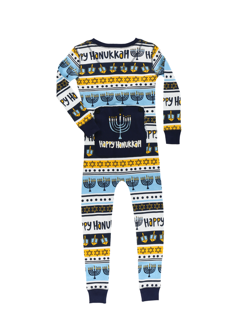 Hanukkah Kids Onesie, Menorah & Dreidel Pattern One-Piece Blue Athletic  Jumpsuit