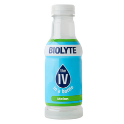 Blue BioLyte IV in a Bottle Melon flavor on a white background