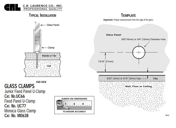 Shower Enclosure Clamps Chrome Traditional Style Fixed Panel U Clamp - Hole in Glass - 8mm to 10mm