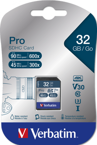 Verbatim Pro 32GB SDHC Card, V30, U3, 90MB/s read, 45MB/s write speeds
