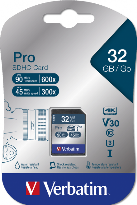 Verbatim Pro 32GB SDHC Card, V30, U3, 90MB/s read, 45MB/s write speeds