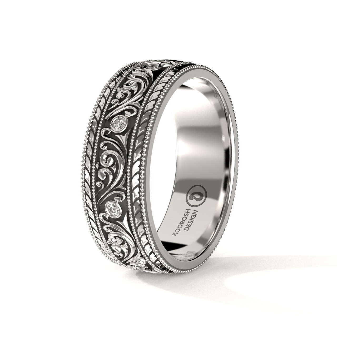 Armaan 8mm Men's Black White Gold Diamond Scrollwork Ring