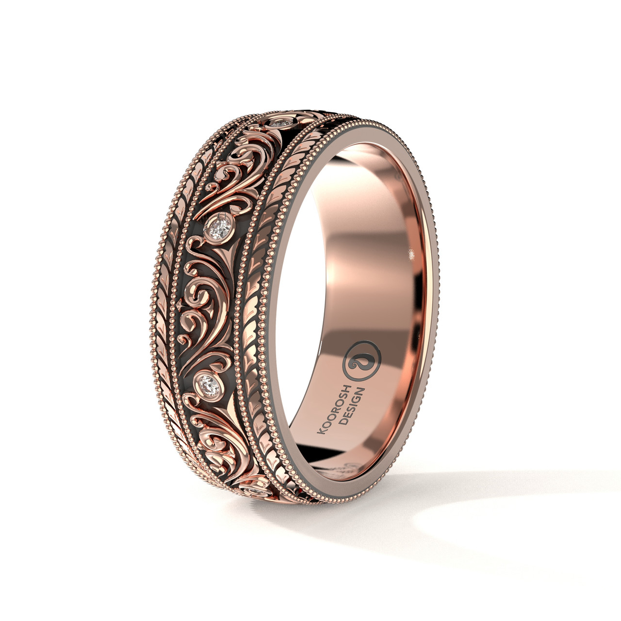 Buy Men's 14K Rose Gold Scrollwork Wedding Ring with Diamonds