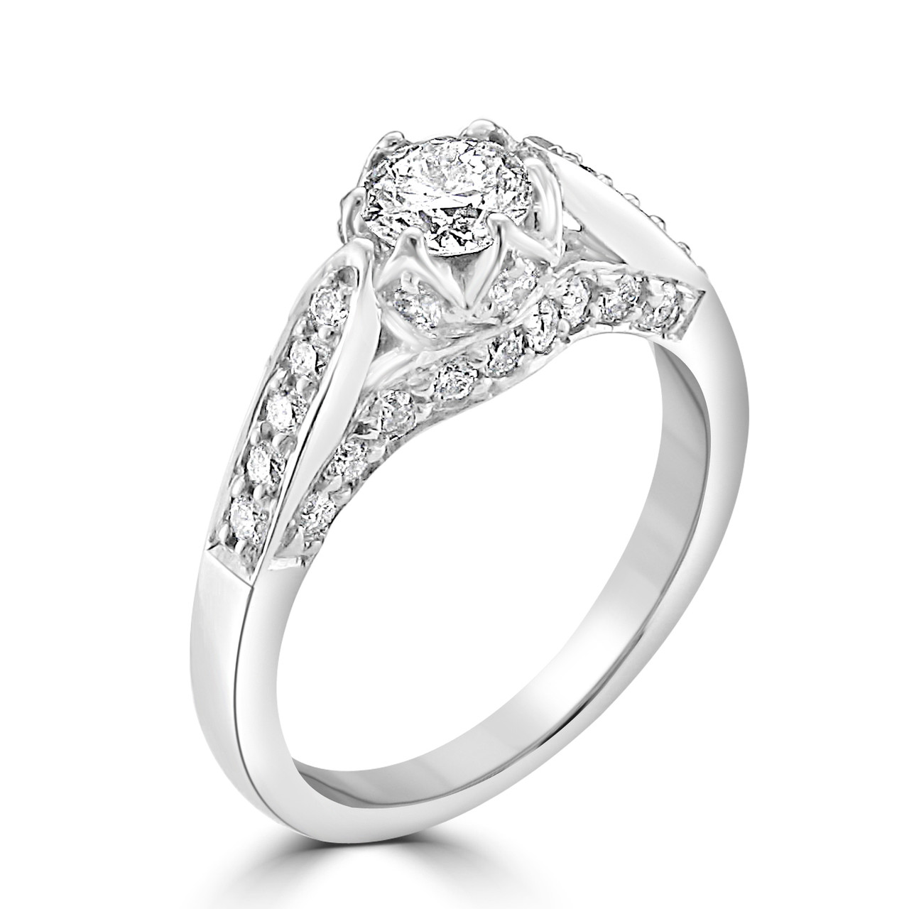 14K White Gold Round Diamond Engagement Ring with Accent Diamonds