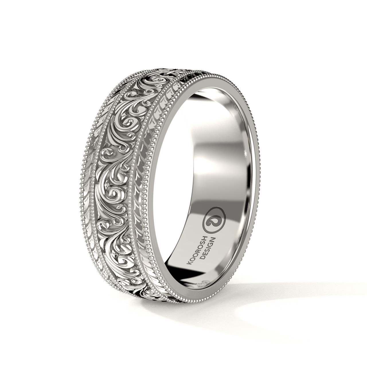 Buy Men's 14K White Gold Scrollwork Wedding Ring with Engraved