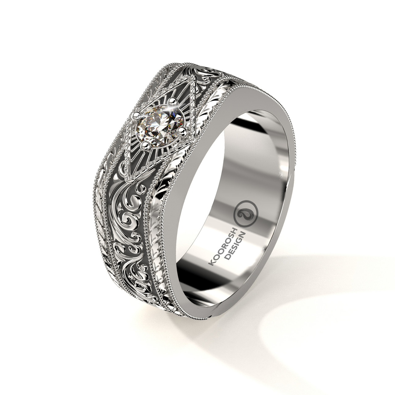Misagh mm Black 14K White Gold Scrollwork Wedding Ring with