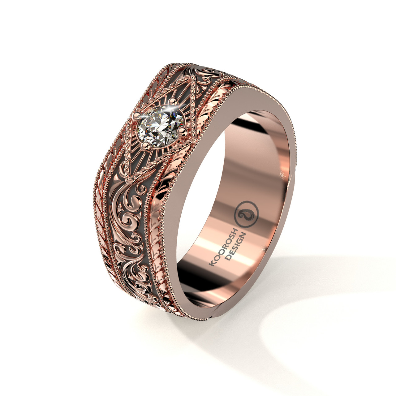 Misagh mm Black Rose Gold Scrollwork Wedding Ring with Diamond