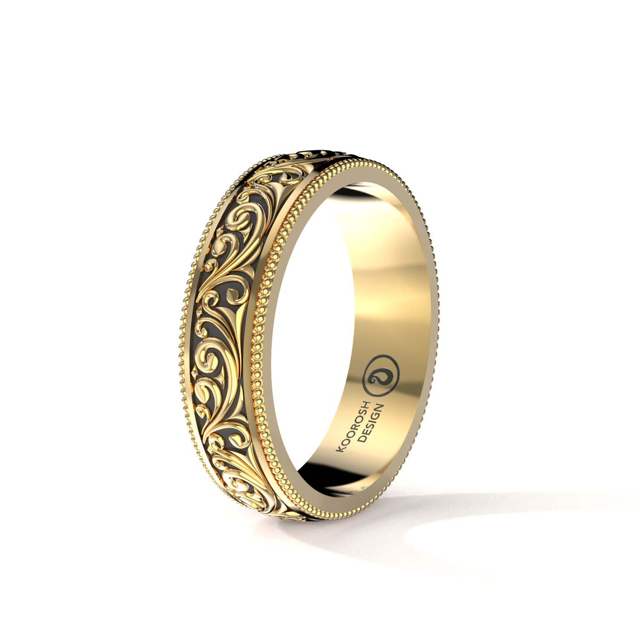 Men's 14K Yellow Gold Scrollwork Wedding Ring with Engraved Border