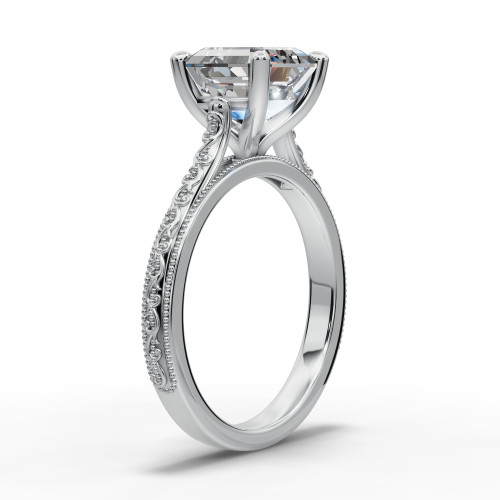 14k white gold and platinum emerald cut diamond engagement ring three quarter view