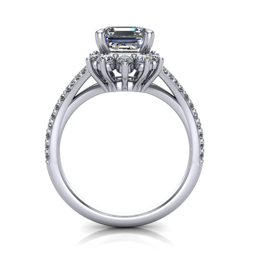 14k white gold and platinum emerald cut diamond engagement ring three quarter view