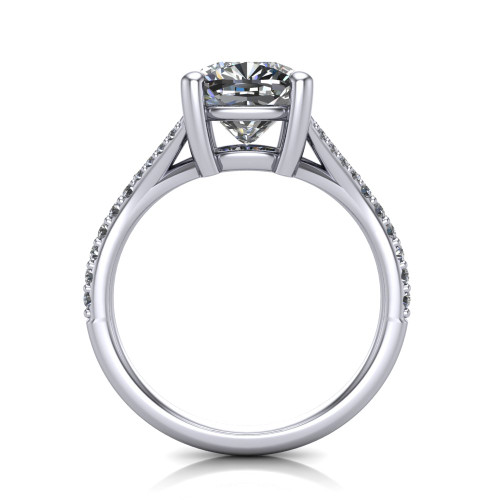 14k white gold and platinum cushion diamond engagement ring three quarter view