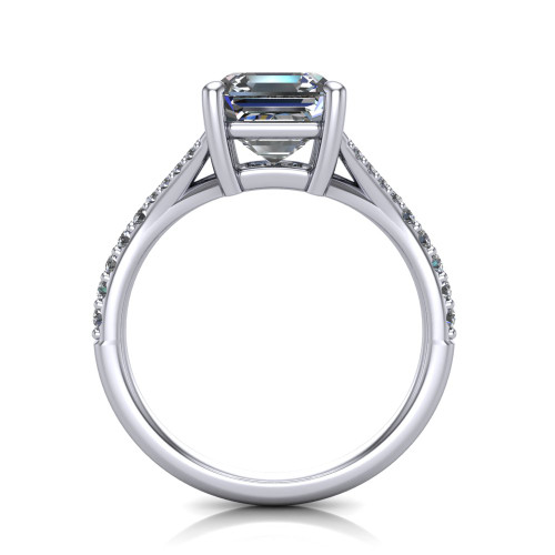 14k white gold and platinum emerald cut diamond engagement ring three quarter view
