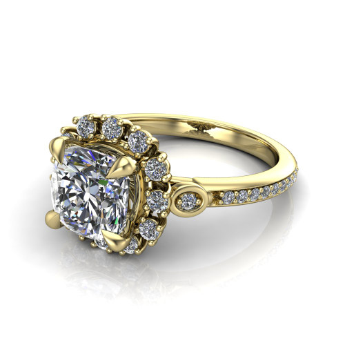 cushion diamond engagement ring worn on finger front view
