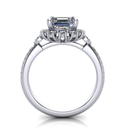 14k white gold and platinum emerald cut diamond engagement ring three quarter view