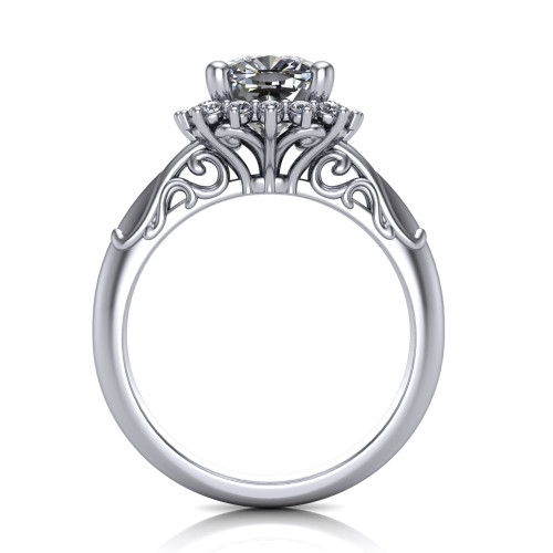 14k white gold and platinum cushion diamond engagement ring three quarter view