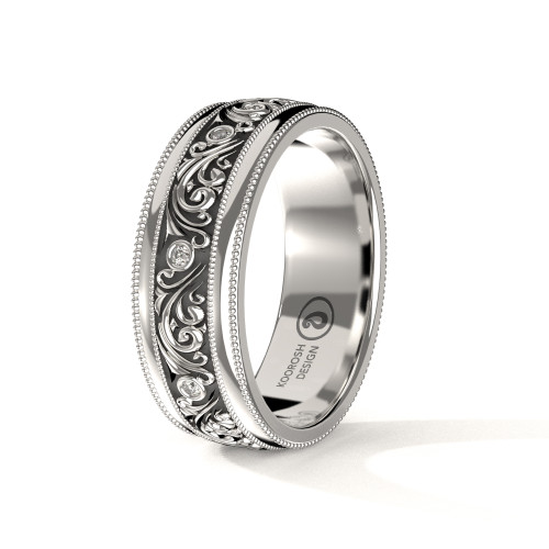 Parsa -  Men's Antiqued Black 14K White Gold Scrollwork Wedding Ring with Double Milgrain With Diamond