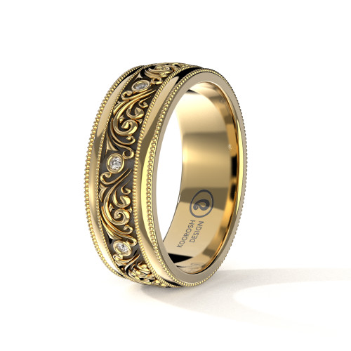 Parsa -  Men's Antiqued Black 14K Yellow Gold Scrollwork Wedding Ring with Double Milgrain With Diamond