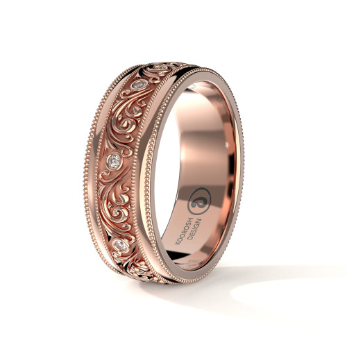 Sina - Men's 14K Rose Gold Scrollwork Wedding Ring with Double Milgrain With Diamond