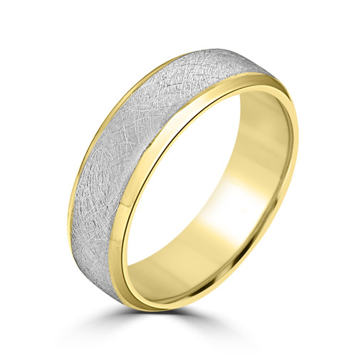 Men's Two Tone Platinum and 14K Yellow Gold Scratched Beveled Edge Wedding Band