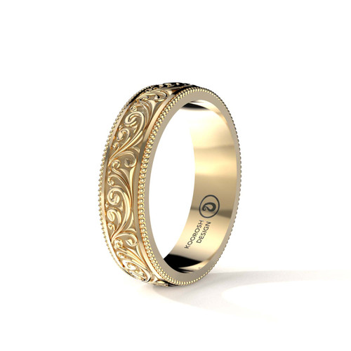 Armaan 6mm men's 14K yellow gold wedding ring with intricate scrollwork and engraved borders