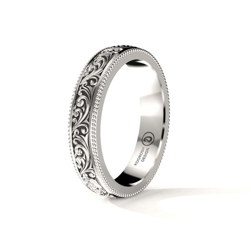 Arash 4mm men's 14K white gold wedding ring with scrollwork and engraved border