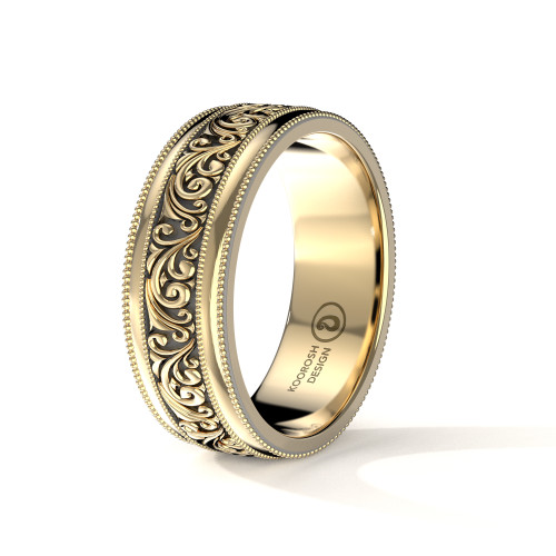 Parsa -  Men's Antiqued Black 14K Yellow Gold Scrollwork Wedding Ring with Double Milgrain		