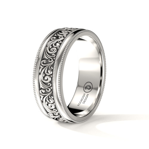 Parsa -  Men's Antiqued Black 14K White Gold Scrollwork Wedding Ring with Double Milgrain		