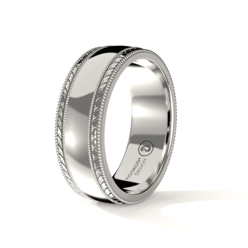Cyrus  - Men's 14K White Gold Wedding Ring with Engraved Double Milgrain Edge		