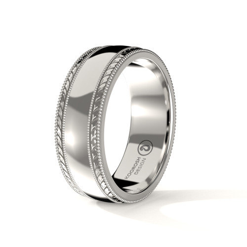 Cyrus 8mm men's 14K white gold wedding ring with engraved double milgrain edge