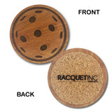 Birch wood pickleball drink coasters come 6 in a set, and are laser engraved with a pair of crossed paddles and a pickleball or a pickleball design, with a cork backing.