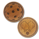 Birch wood pickleball drink coasters come 6 in a set, and are laser engraved with a pair of crossed paddles and a pickleball or a pickleball design, with a cork backing.