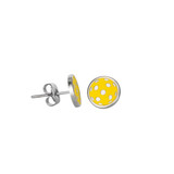 Round Pickleball Earrings in yellow are flat to sit flush against the ear, with alloy plating, a post back, and are 100% nickel-free and non-toxic.
