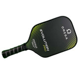 The Omega Evolution Pro Paddle by Engage Pickleball has a textured fiberglass face and 16mm core.  The Omega logo and Evolution Pro name are on the face, with a black background and accented with a circular gradient pattern of lime green dots.