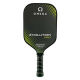 The Omega Evolution Pro Paddle by Engage Pickleball has a textured fiberglass face and 16mm core.  The Omega logo and Evolution Pro name are on the face, with a black background and accented with a circular gradient pattern of lime green dots.
