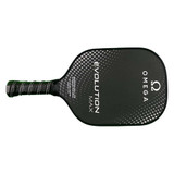 The Omega Evolution Max Paddle by Engage Pickleball has a  black paddle background with Omega logo and Evolution MAX name on the front, accented by a circular gradient pattern of sliver dots. Traditional shape with 5" handle.