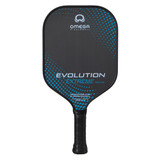 The Omega Evolution Extreme  Paddle by Engage Pickleball showcases a black paddle background with Omega logo and Evolution Extreme name on the front. Accented by a gradient pattern of dots. Traditional shape, 13mm or 16mm core thickness options.