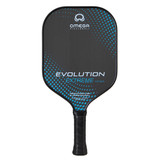 The Omega Evolution Extreme  Paddle by Engage Pickleball showcases a black paddle background with Omega logo and Evolution Extreme name on the front. Accented by a gradient pattern of dots. Traditional shape, 13mm or 16mm core thickness options.